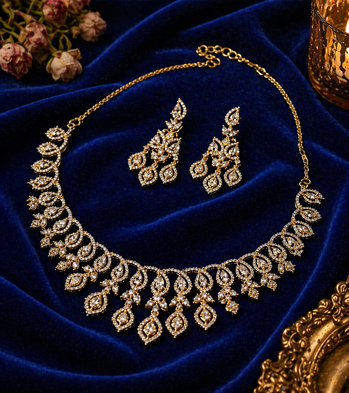 Gold-Plated American Diamond Leaf Cascade Necklace Set