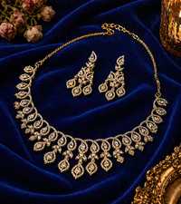Gold Plated American Diamond Regal Leaf Cascade Necklace Set