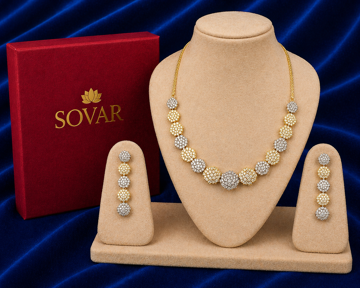 Diamond Inspired Round Cluster Necklace Set with Long Drop Earrings