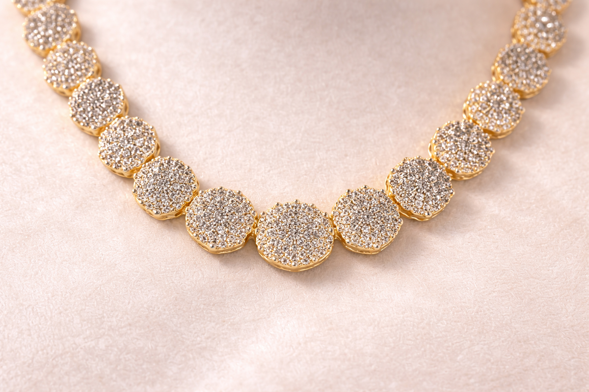 Diamond Inspired Round Cluster Necklace Set with Long Drop Earrings