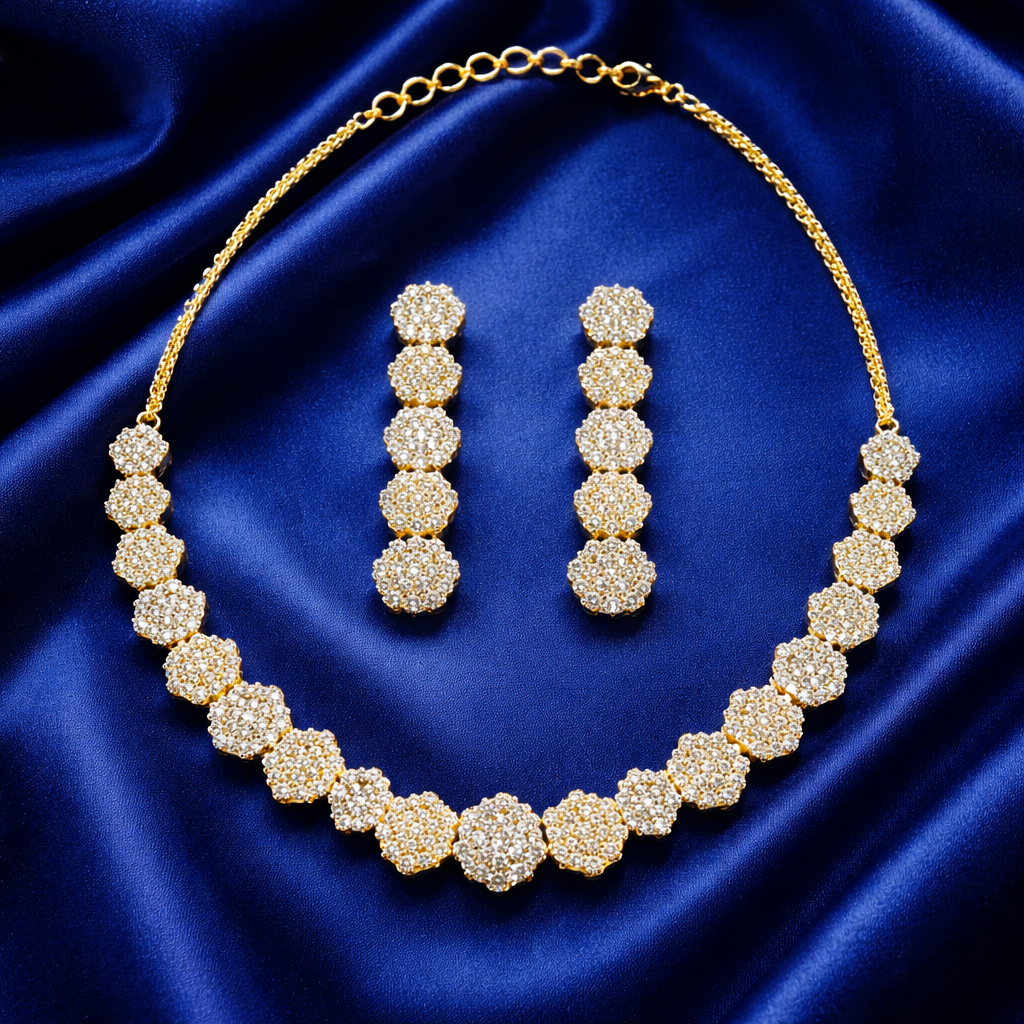 Diamond Inspired Round Cluster Necklace Set with Long Drop Earrings