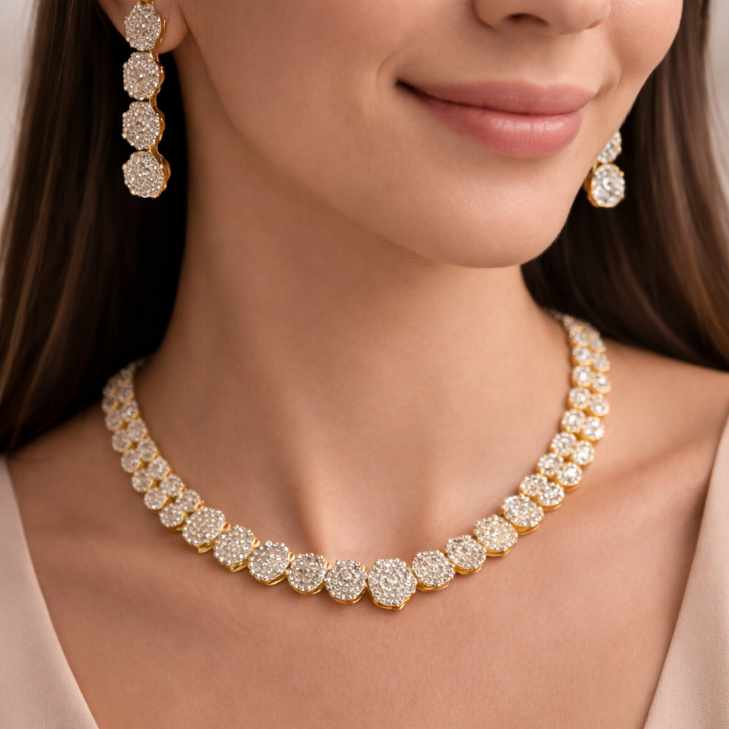 Diamond Inspired Round Cluster Necklace Set with Long Drop Earrings