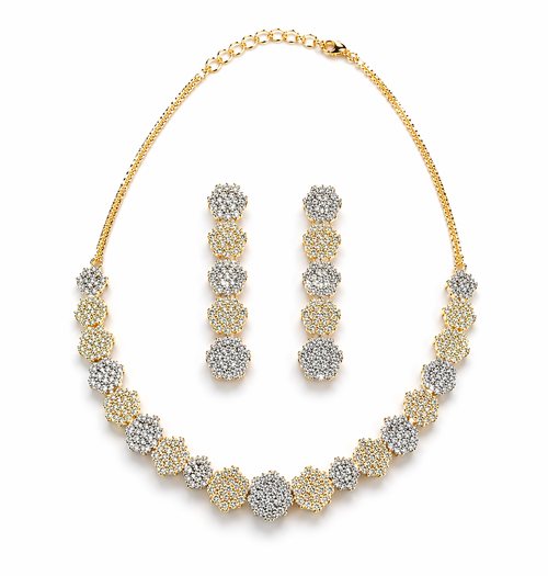 Diamond Look Round Cluster Necklace with Long Drop Earrings