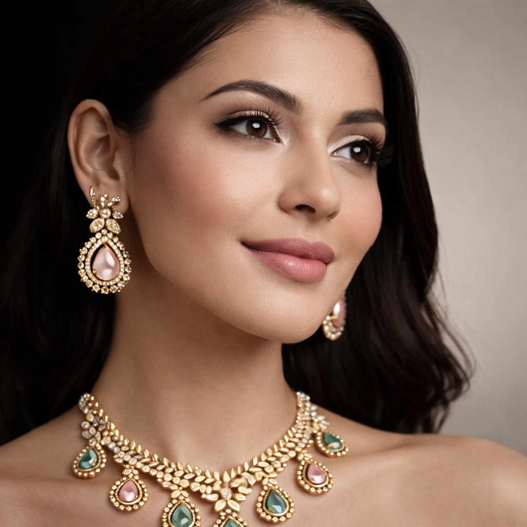 Gold-Plated Multi-Color Teardrop CZ Diamond Necklace Set
