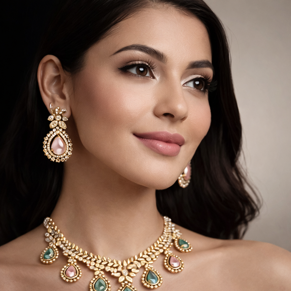 Gold-Plated Multi-Color Teardrop CZ Diamond Necklace Set
