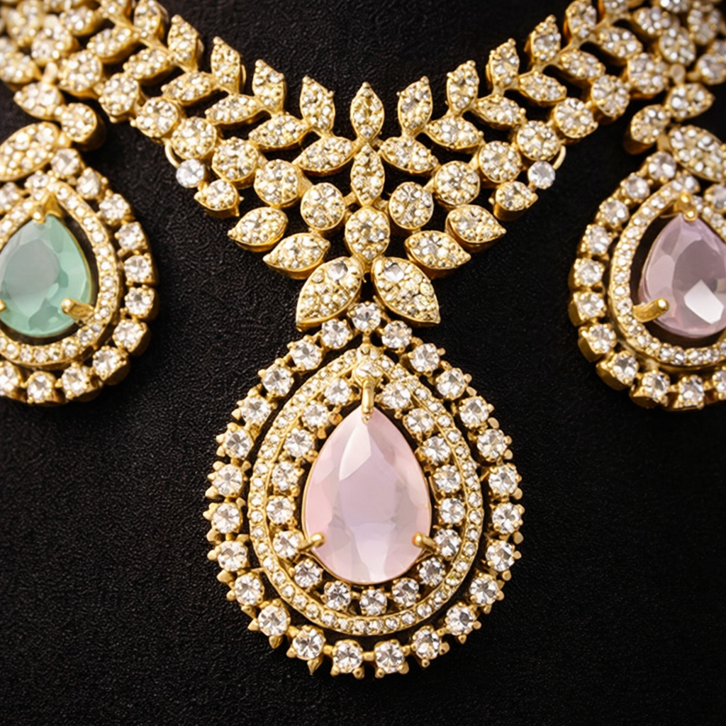 Gold-Plated Multi-Color Teardrop CZ Diamond Necklace Set