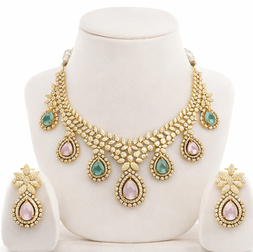 Gold-Plated Multi-Color Teardrop CZ Diamond Necklace Set