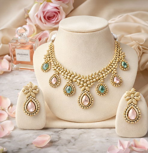 Gold-Plated Multi-Color Teardrop CZ Diamond Necklace Set