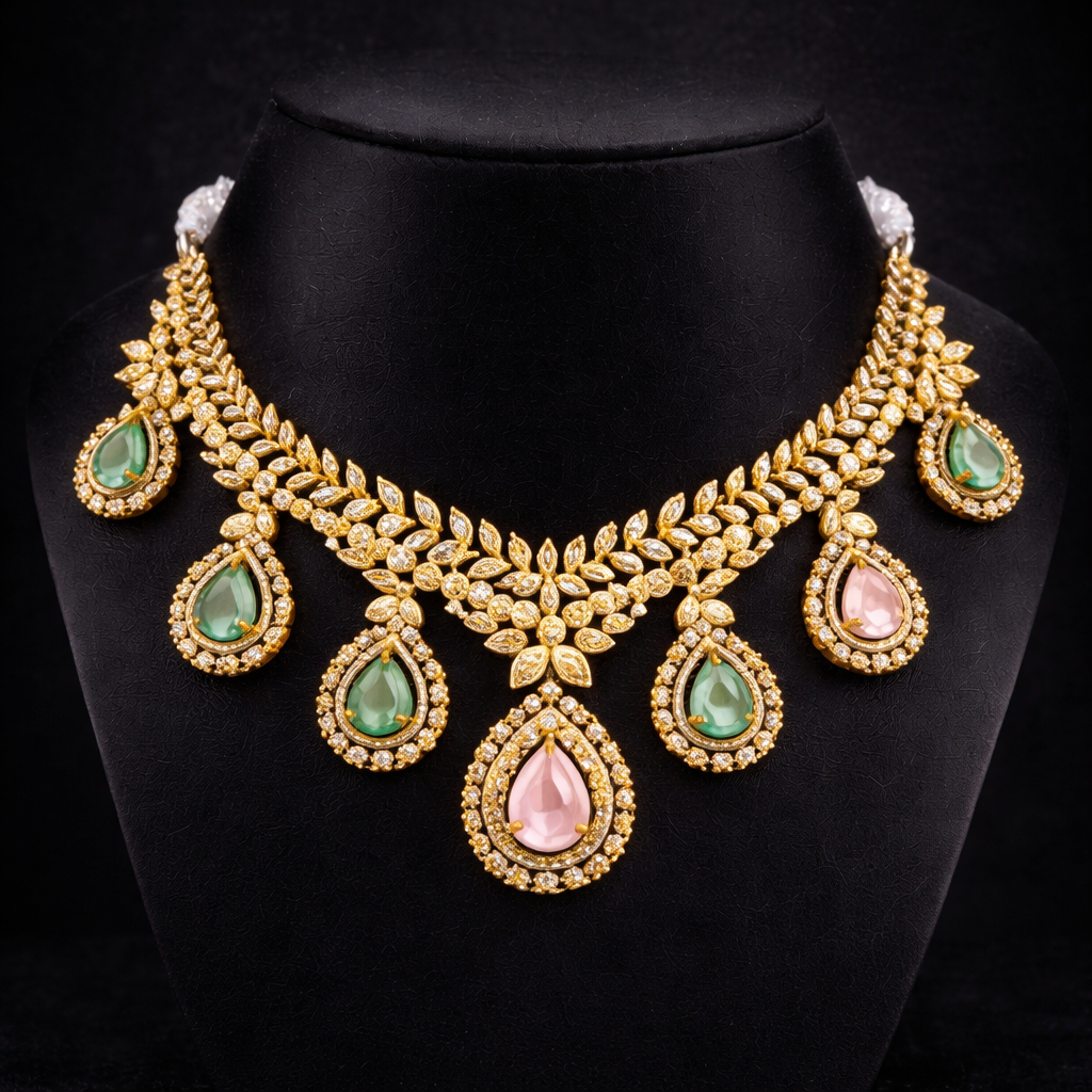Gold-Plated Multi-Color Teardrop CZ Diamond Necklace Set