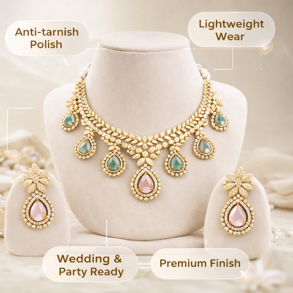 Gold-Plated Multi-Color Teardrop CZ Diamond Necklace Set