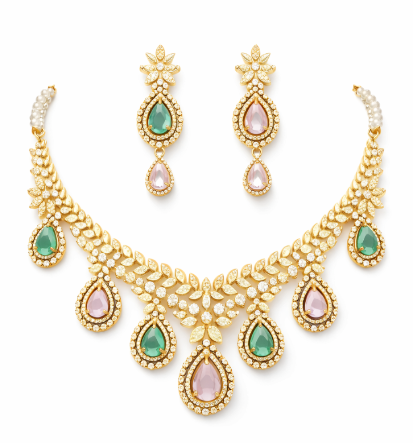 Gold-Plated Multi-Color Teardrop CZ Diamond Necklace Set