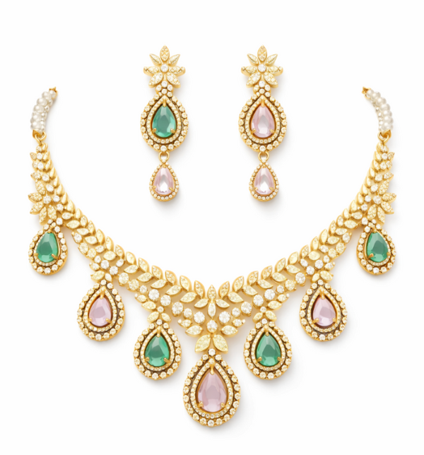 Gold-Plated Multi-Color Teardrop CZ Diamond Necklace Set