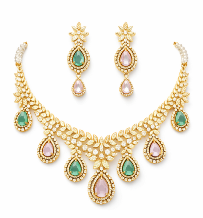 Gold-Plated Multi-Color Teardrop CZ Stone Necklace Set