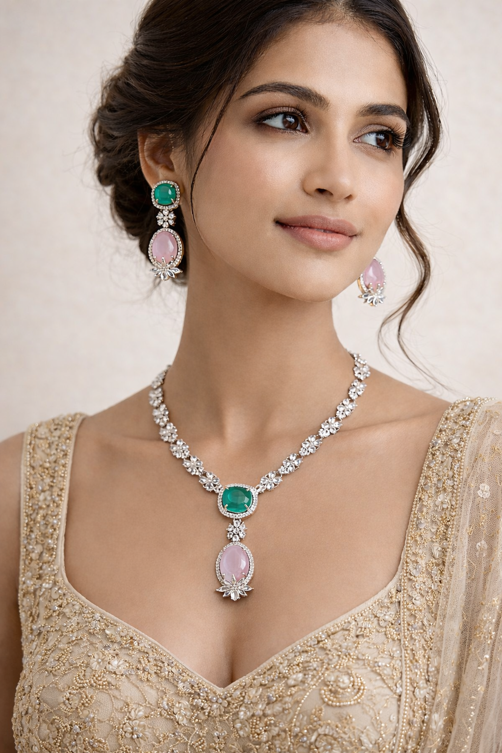 Emerald & Blush Pink American Diamond Necklace & Earring Set