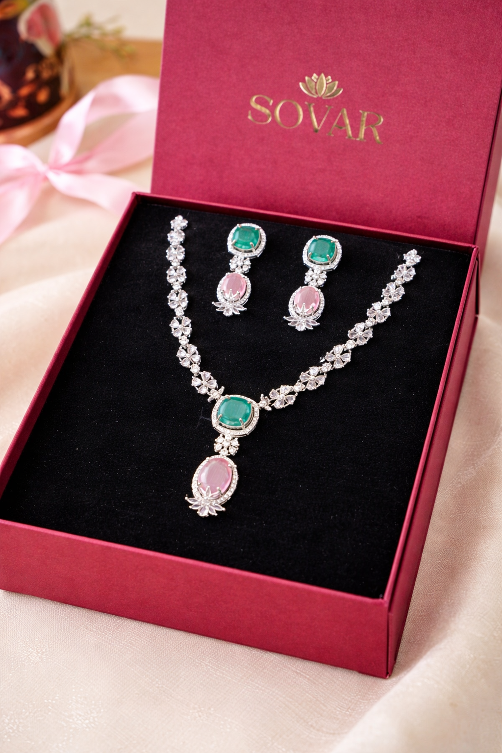 Emerald & Blush Pink American Diamond Necklace & Earring Set