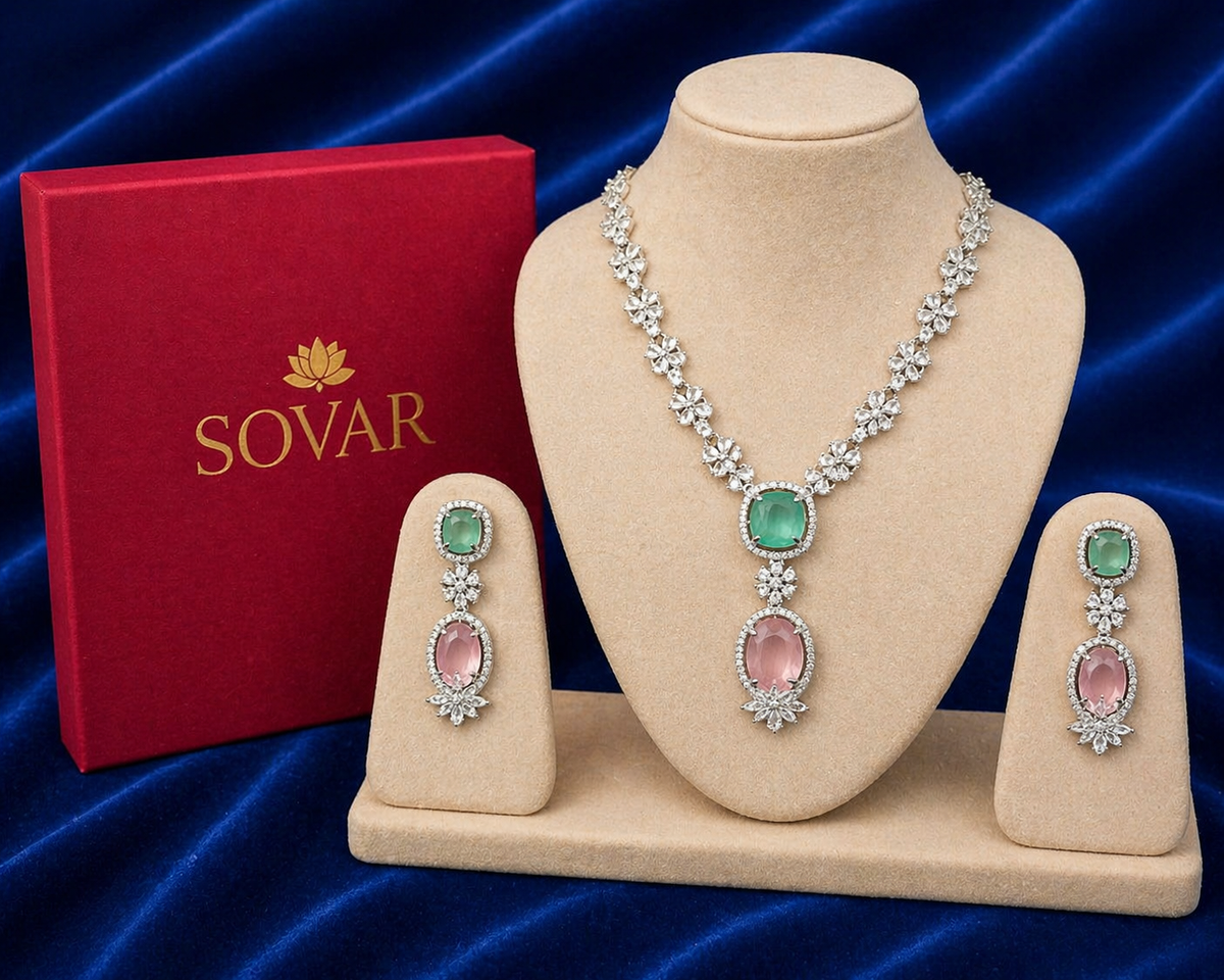 Emerald & Blush Pink American Diamond Necklace & Earring Set