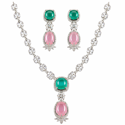 Emerald & Blush Pink AD Diamond Necklace Set with Earrings