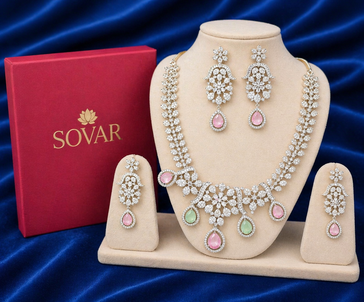 Emerald & Blush Pink American Diamond Royale Bloom Necklace Set
