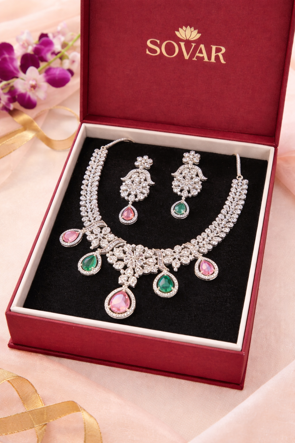 Emerald & Blush Pink American Diamond Royale Bloom Necklace Set