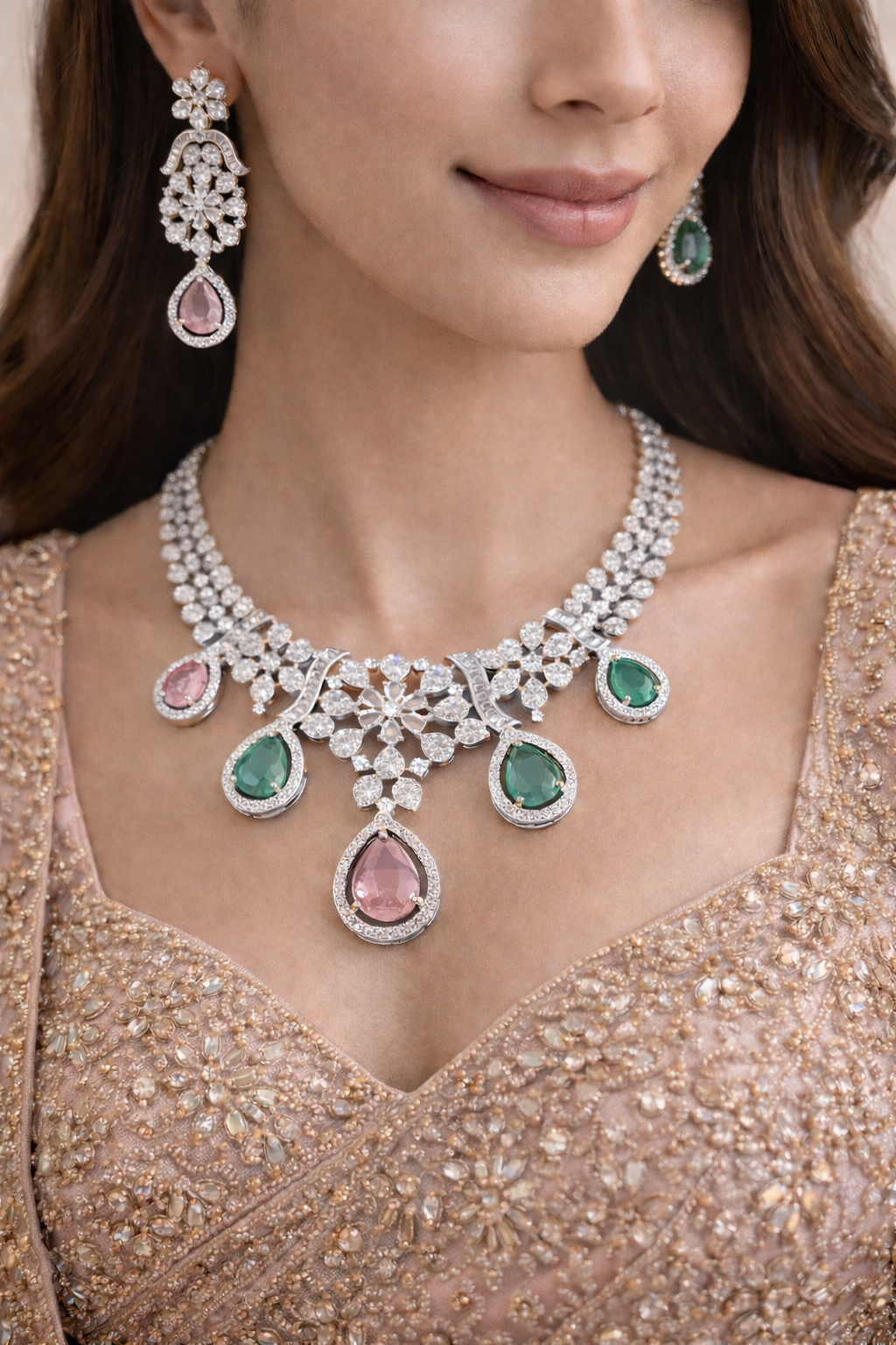 Emerald & Blush Pink American Diamond Royale Bloom Necklace Set