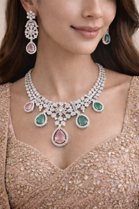 Emerald & Blush Pink AD Diamond Royale Bloom Necklace Set