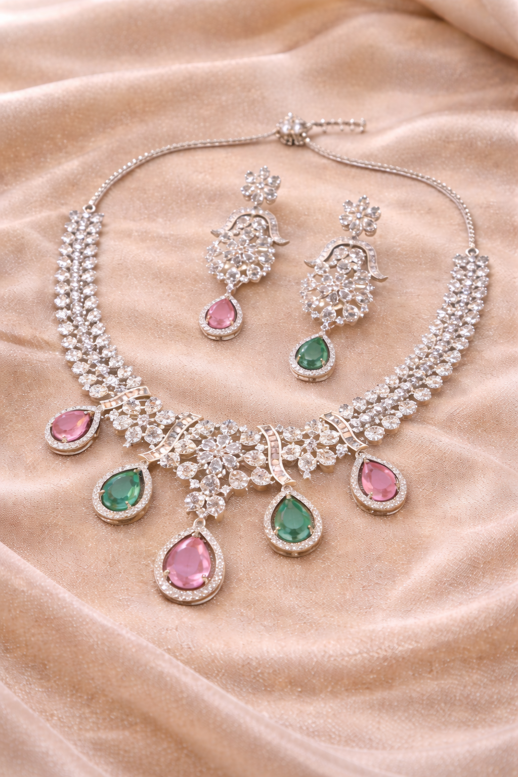 Emerald & Blush Pink American Diamond Royale Bloom Necklace Set