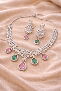 Emerald & Blush Pink AD Diamond Royale Bloom Necklace Set