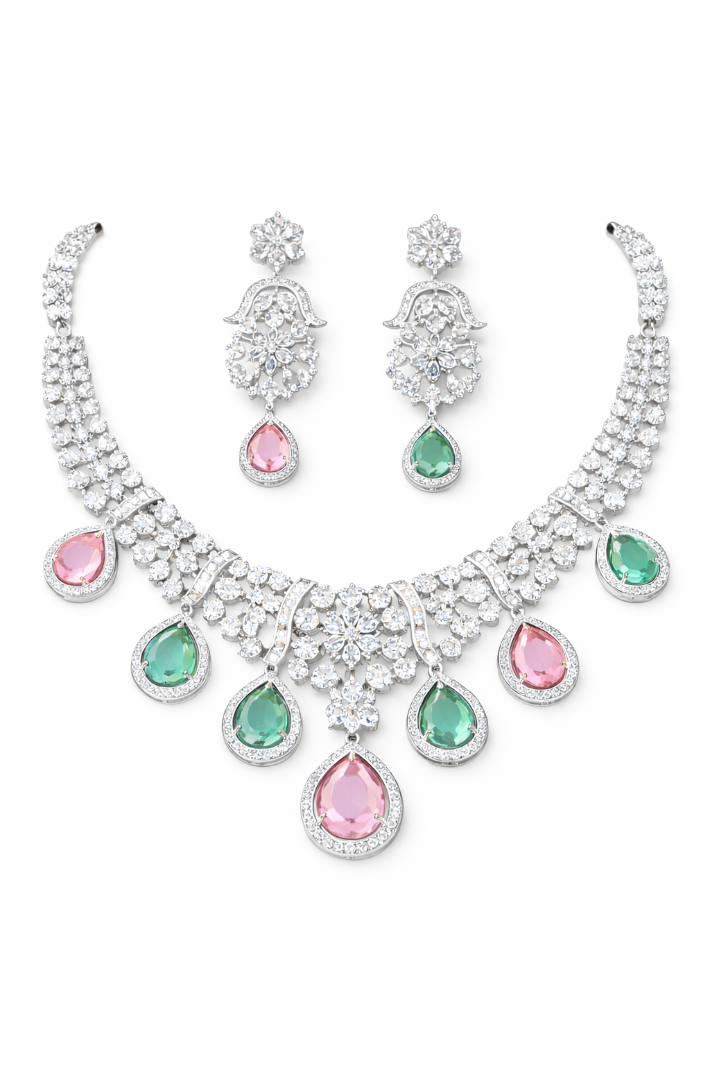 Emerald & Blush Pink AD Diamond Royale Bloom Necklace Set