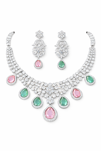 Emerald & Blush Pink AD Diamond Royale Bloom Necklace Set