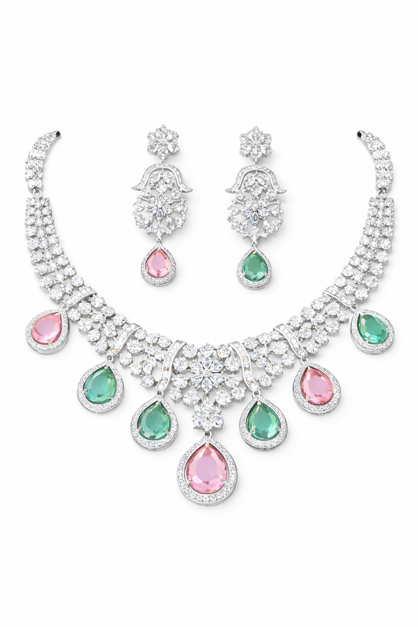 Emerald & Blush Pink American Diamond Royale Bloom Necklace Set
