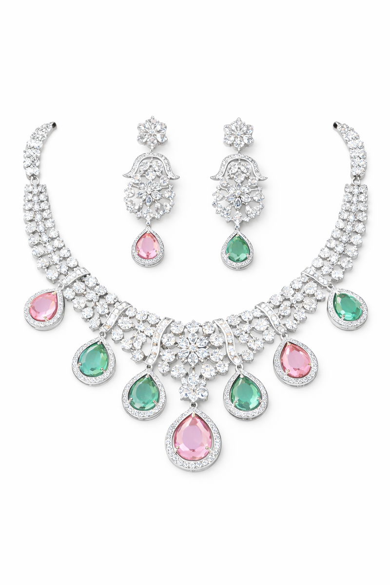 Emerald & Blush Pink AD Diamond Royale Bloom Necklace Set