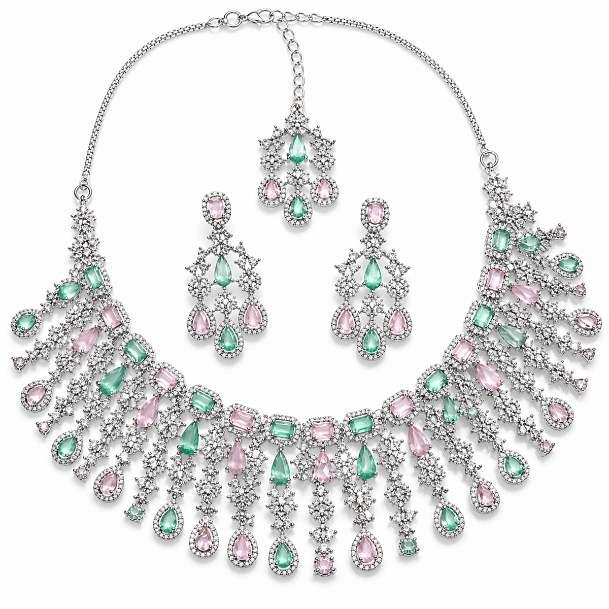 Emerald & Blush Pink AD Diamond Pastel Royale Necklace Set