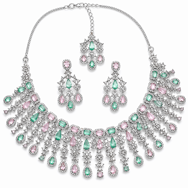 Emerald & Blush Pink American Diamond Pastel Necklace Set