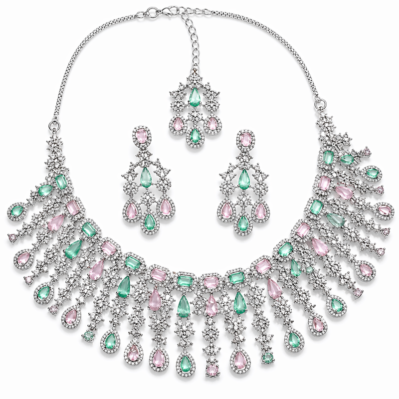Emerald & Blush Pink AD Diamond Pastel Royale Necklace Set