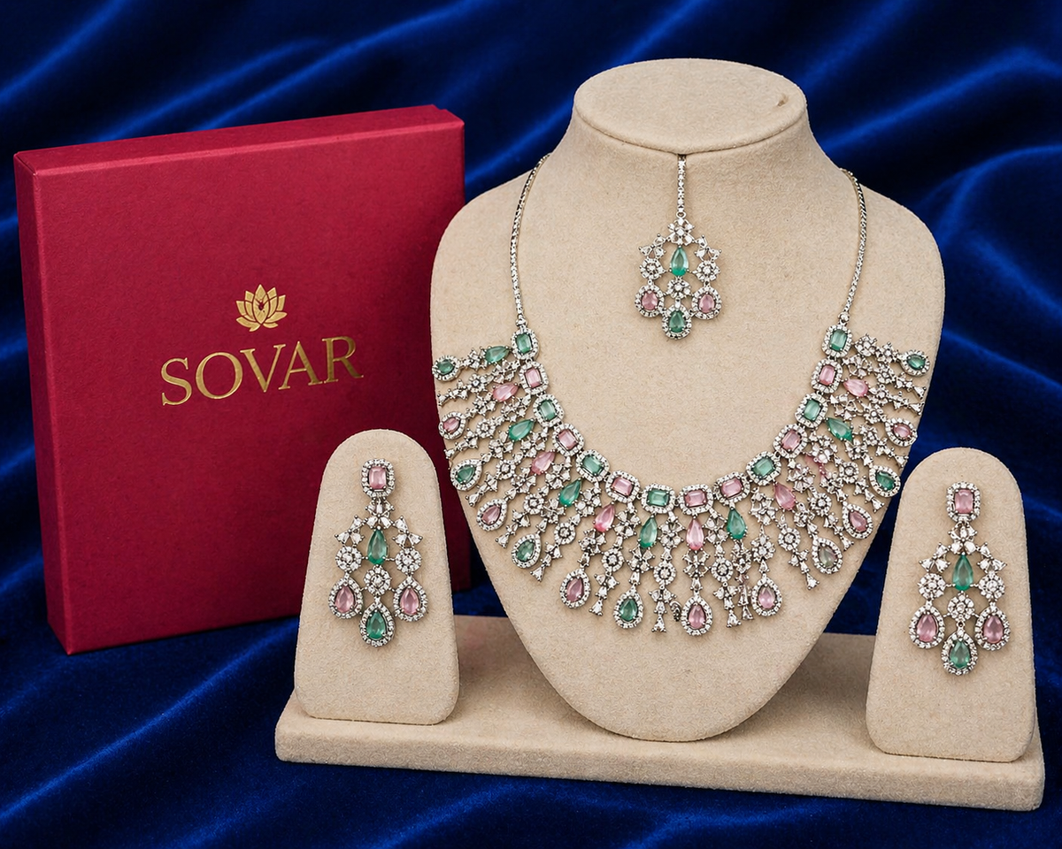 Emerald & Blush Pink American Diamond Pastel Necklace Set