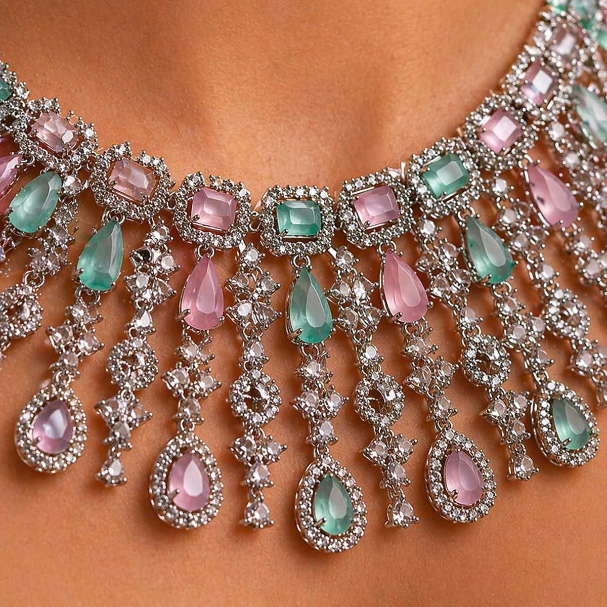 Emerald & Blush Pink American Diamond Pastel Necklace Set