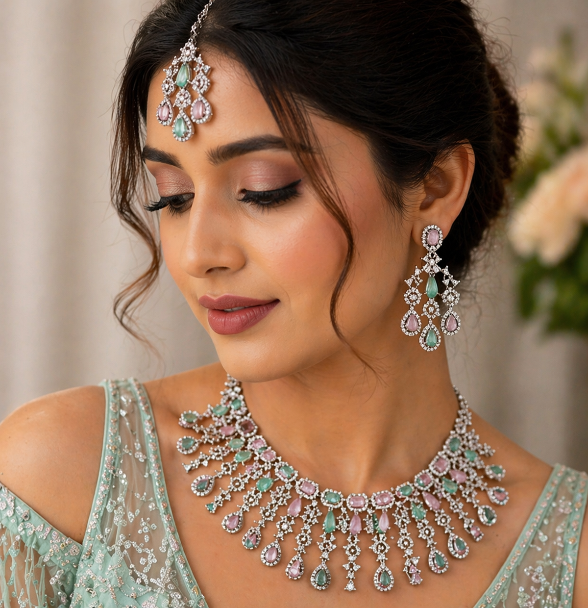 Emerald & Blush Pink American Diamond Pastel Necklace Set