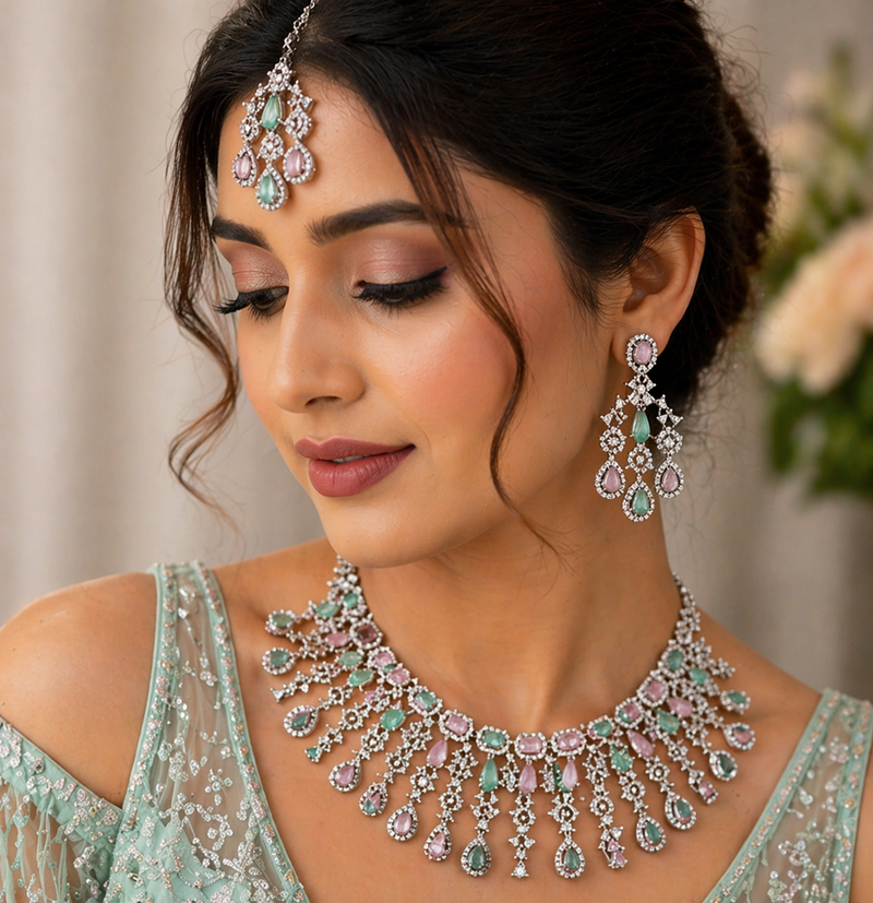 Emerald & Blush Pink AD Diamond Pastel Royale Necklace Set