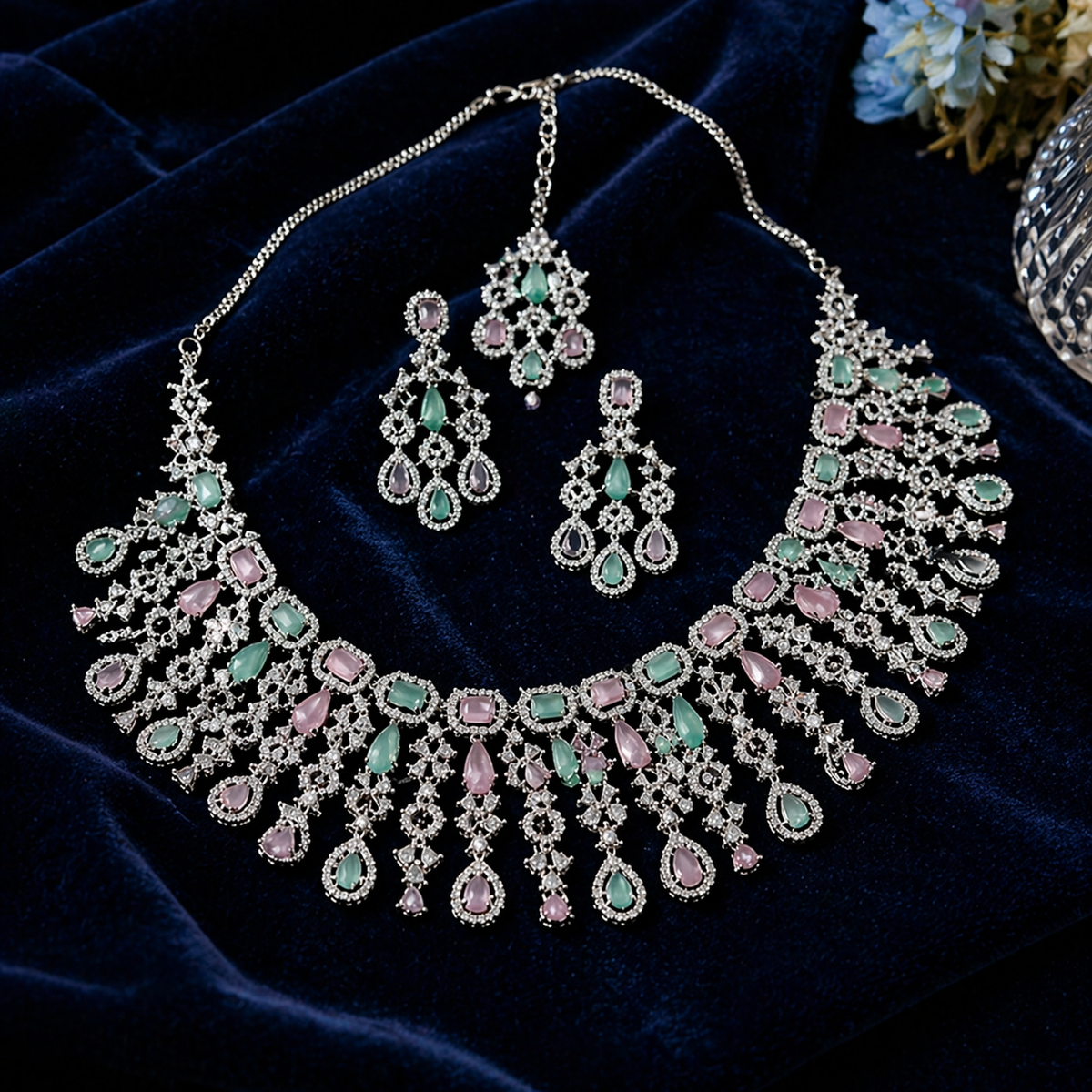 Emerald & Blush Pink American Diamond Pastel Necklace Set