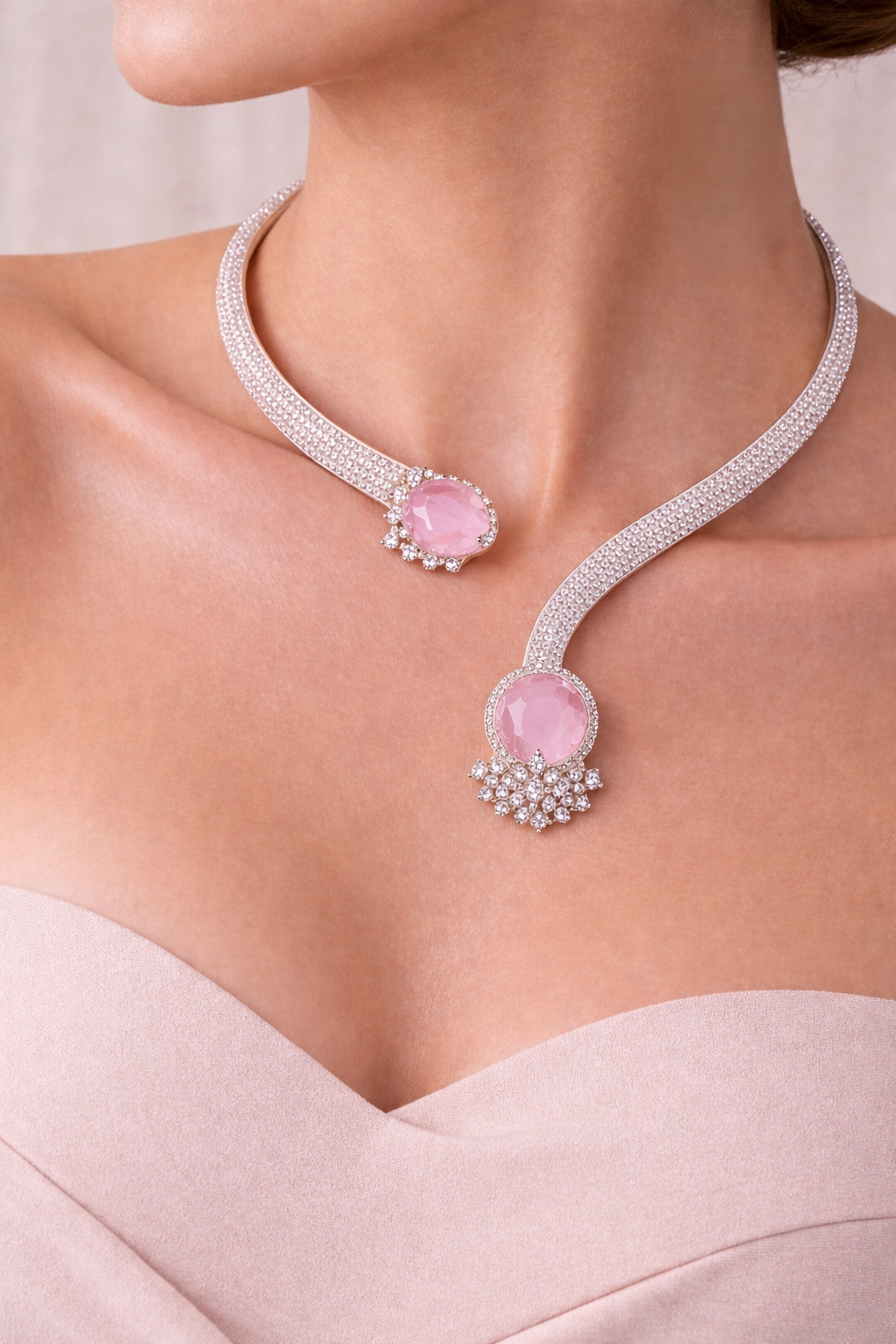 Pink Heart Stone CZ Diamond Necklace