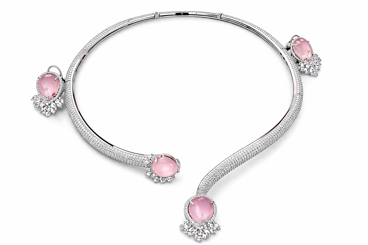 Pink Heart Stone CZ Diamond Necklace