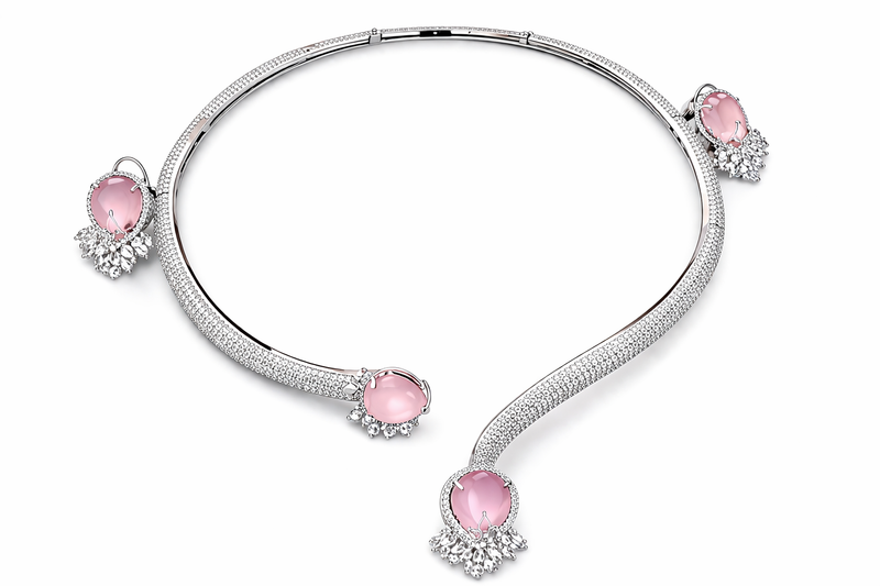 Pink Heart Stone CZ Diamond Necklace