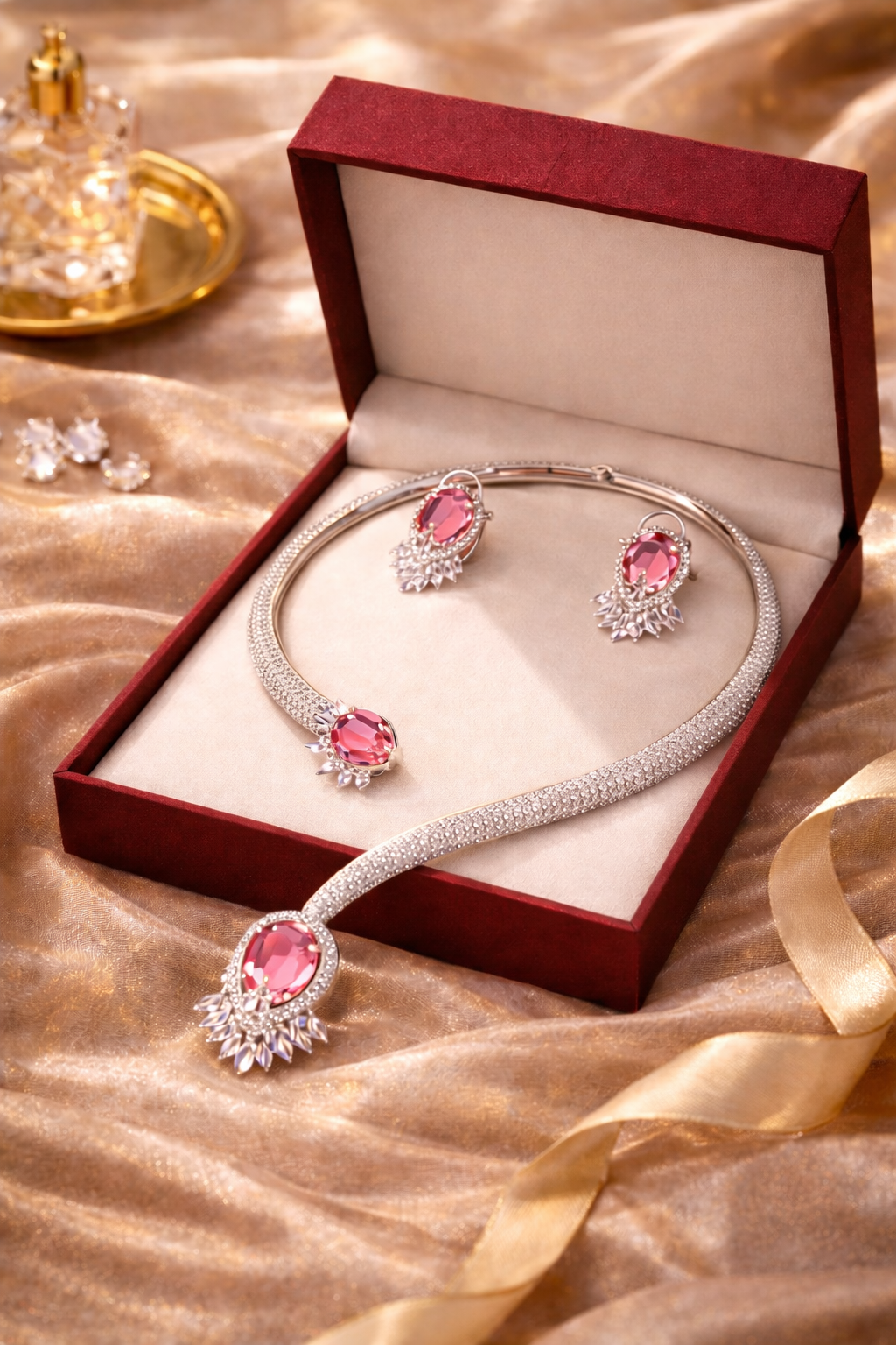 Pink Heart Stone CZ Diamond Necklace