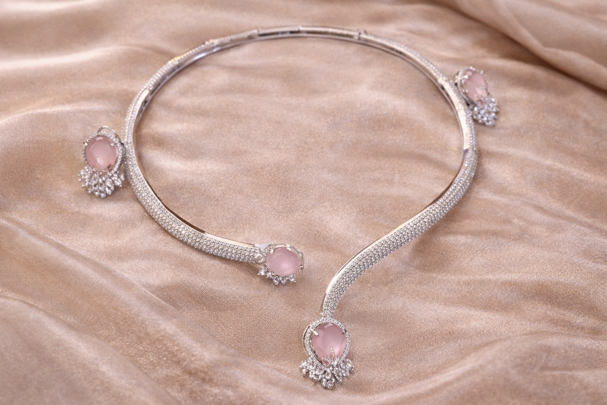 Pink Heart Stone CZ Diamond Necklace