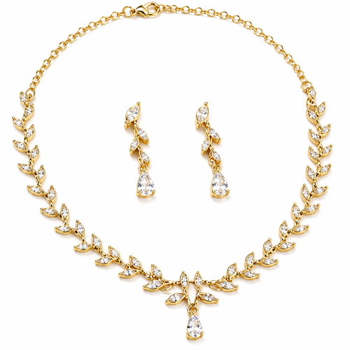 Gold Plated Leaf Vine American Diamond Necklace Set