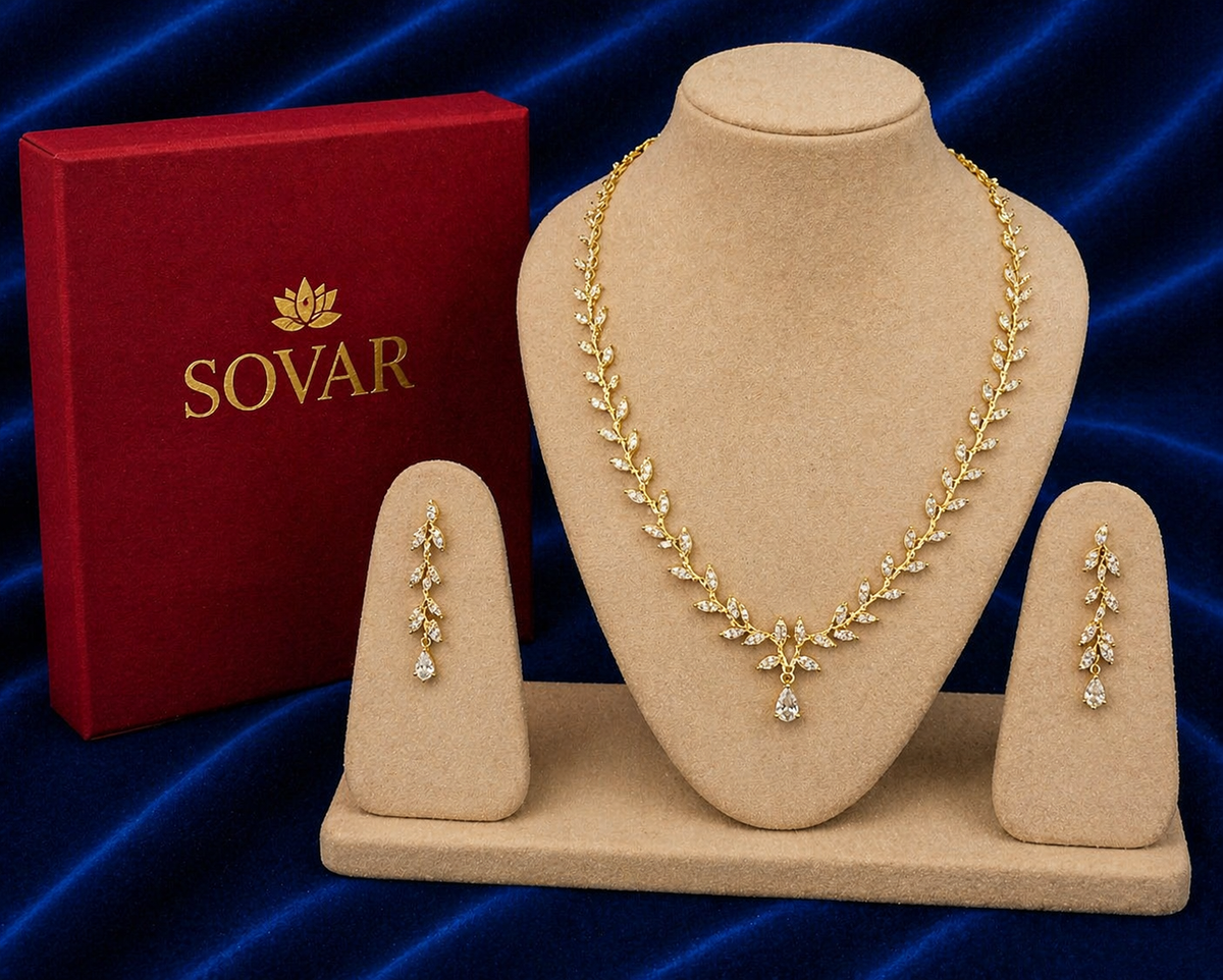 Gold Plated American Diamond Necklace Set with Leaf Vine Design