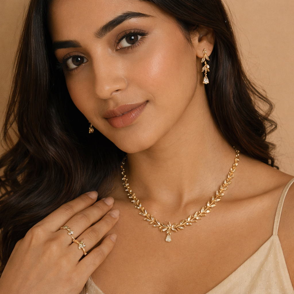 Gold Plated American Diamond Necklace Set with Leaf Vine Design