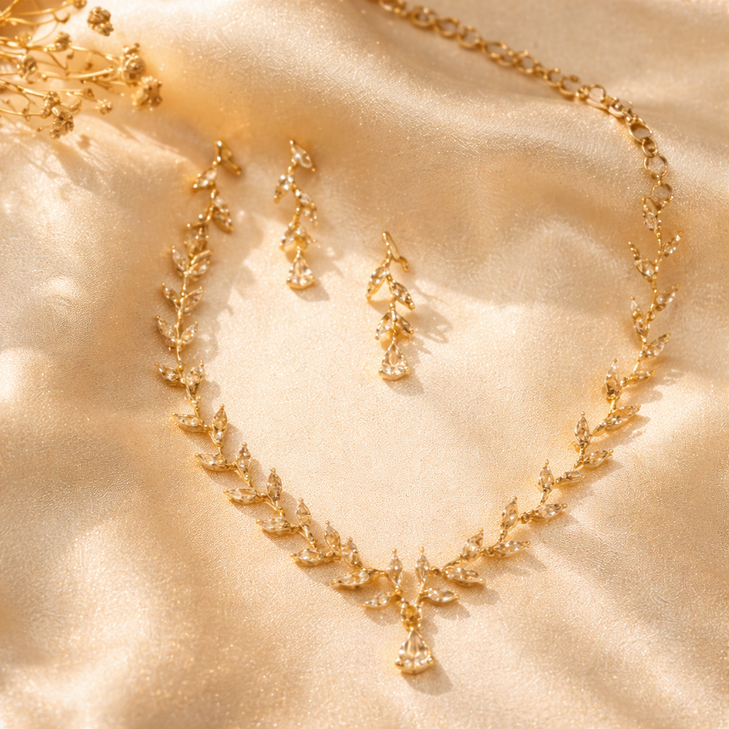 Gold Plated American Diamond Necklace Set with Leaf Vine Design