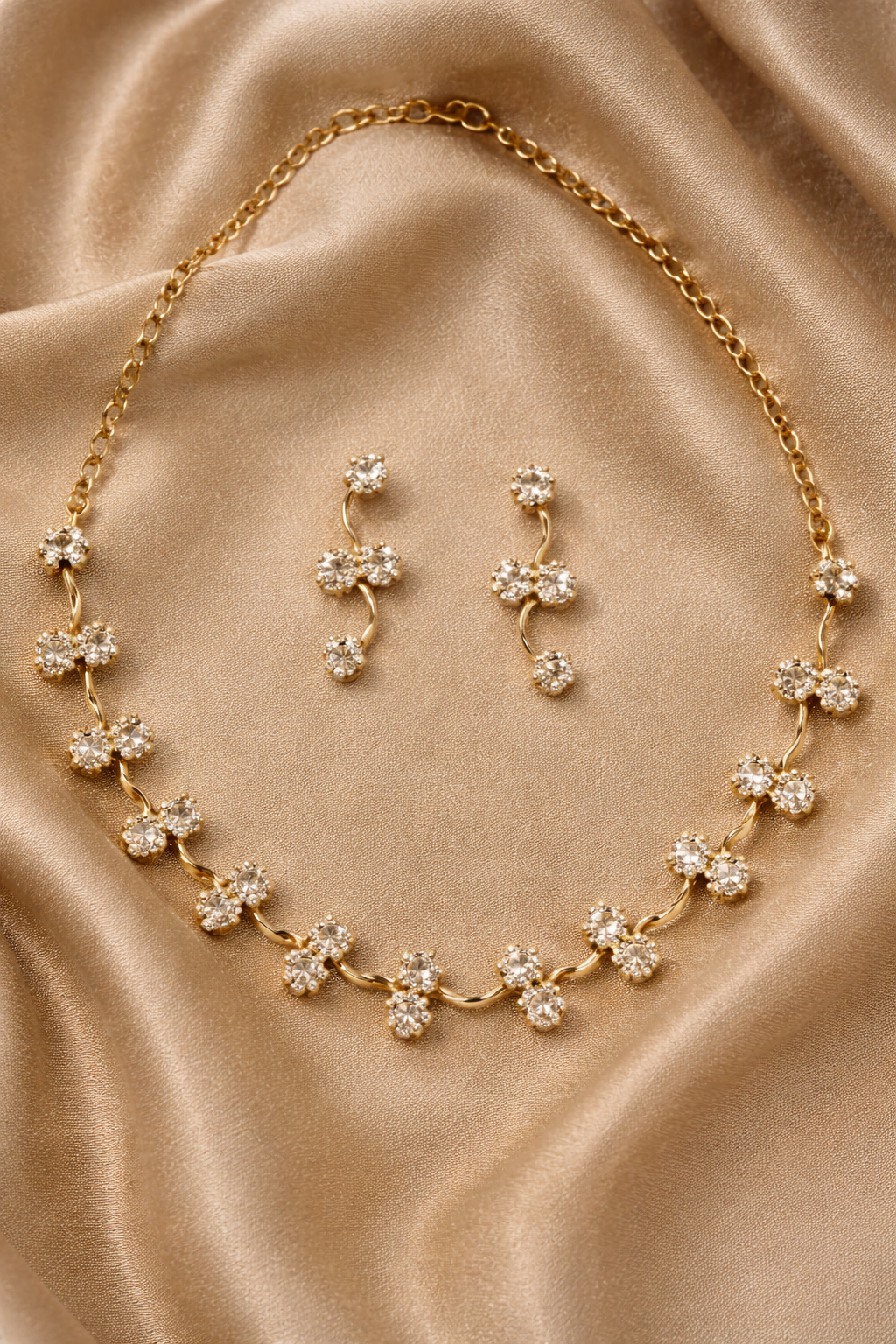 Gold Plated American Diamond Necklace Set with Leaf Vine Design