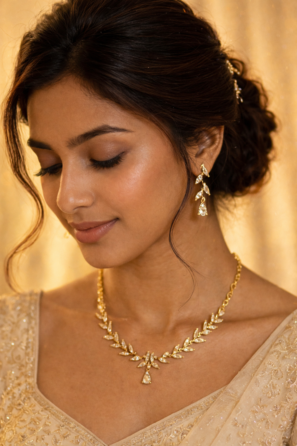 Gold Plated American Diamond Necklace Set with Leaf Vine Design